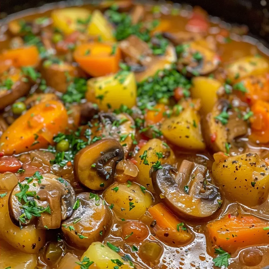 A close-up view of a hearty vegan mushroom stew with vibrant vegetables.
