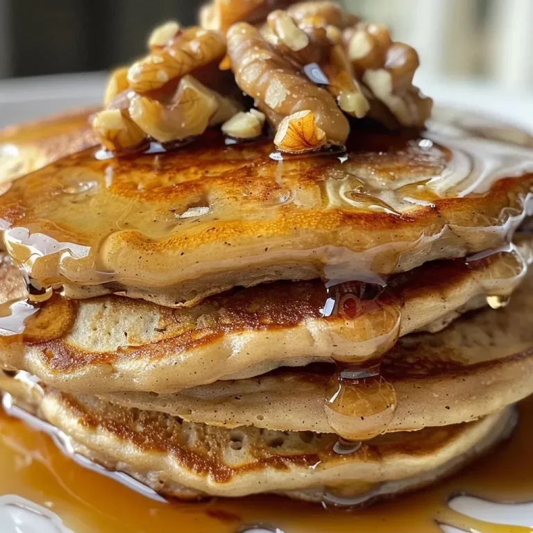 ['Close-up view of stacked vegan pancakes topped with walnuts and drizzled with maple syrup.', 'Side view of fluffy vegan pancakes with chopped walnuts, served with a maple syrup glaze.', 'Juicy vegan pancakes displayed with walnuts and a glossy maple syrup drizzle, shot from the side.', 'Delicious vegan pancakes featuring walnuts, captured in a close-up side view with syrup.']