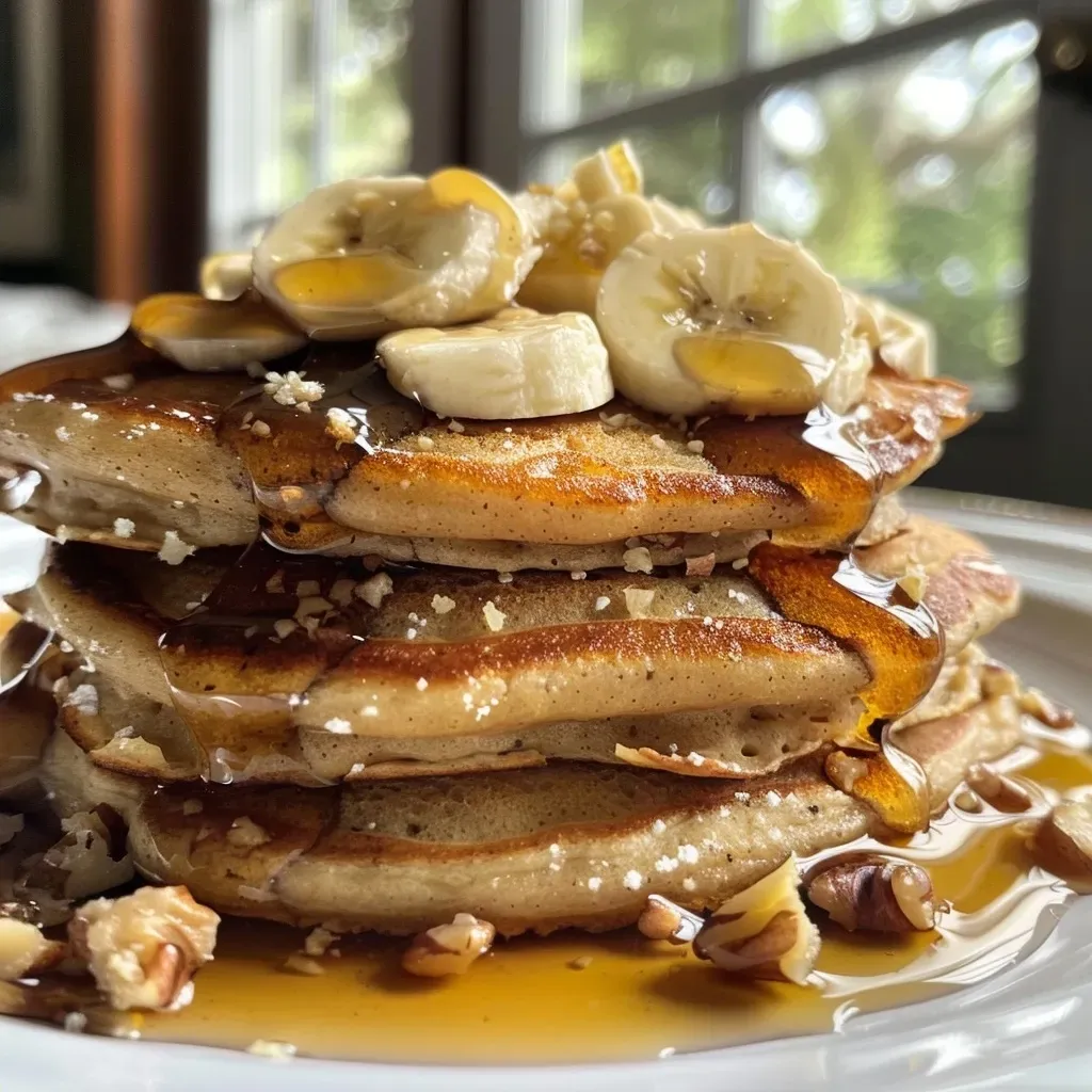 Close-up view of stacked vegan pancakes topped with walnuts and drizzled with maple syrup.