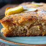 ['Close-up side view of a slice of Vegan Pear Cake topped with fresh pear slices.', 'A moist Vegan Pear Cake with a golden-brown crust and pear slices on top, shot from the side.', 'Slice of Vegan Pear Cake showcasing its fluffy texture and pear topping, photographed closely.', 'Side view of a delectable Vegan Pear Cake with pear puree and decorative pear slices.']