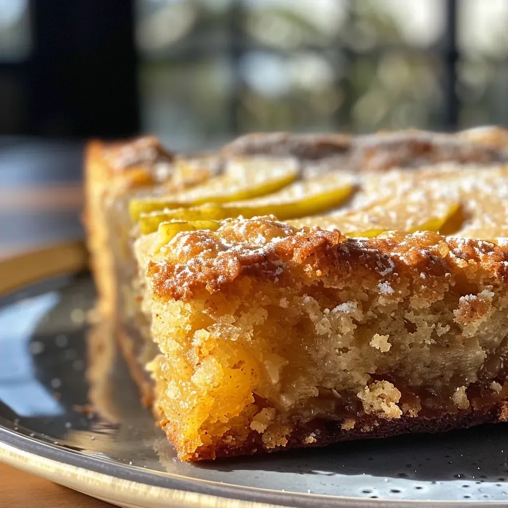 Close-up side view of a slice of Vegan Pear Cake topped with fresh pear slices.