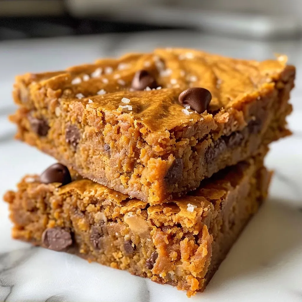 Side view of vegan pumpkin chickpea blondies with chocolate chips.