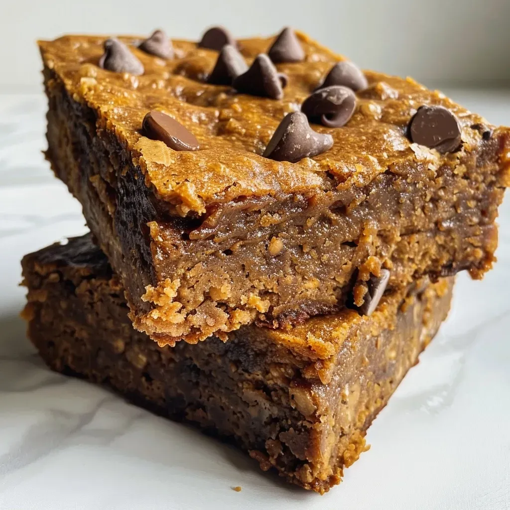 Side view of vegan pumpkin chickpea blondies with chocolate chips.