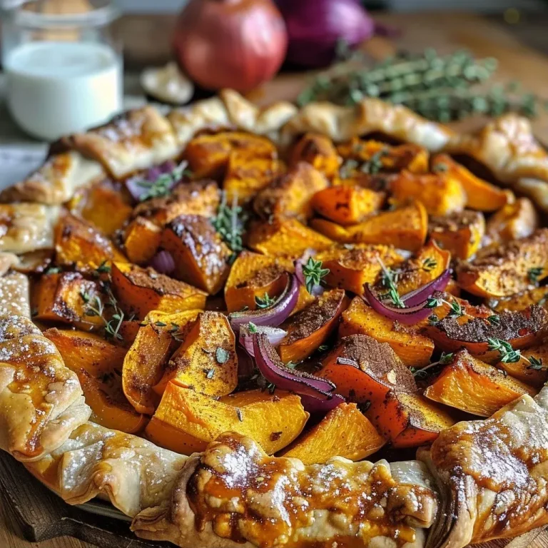 ['Close-up view of a slice of vegan pumpkin galette showcasing a flaky crust and vibrant filling.', 'Side angle of a juicy vegan pumpkin galette featuring golden-brown edges and intricate toppings.', 'Delicious vegan pumpkin galette displayed with a focus on its rich, creamy filling and crispy texture.', 'A beautifully arranged vegan pumpkin galette with toppings of herbs and a hint of olive oil drizzle.']