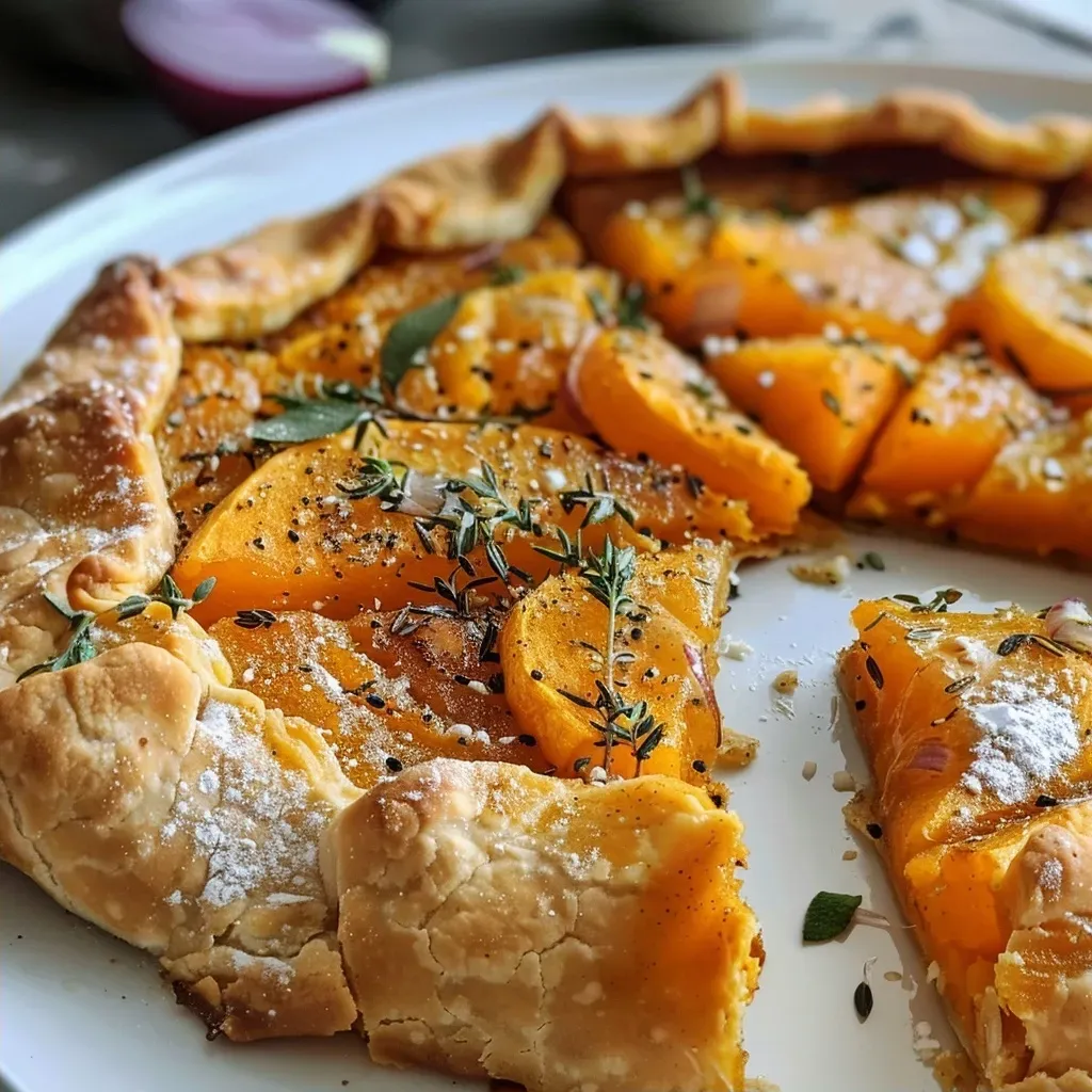 Close-up view of a slice of vegan pumpkin galette showcasing a flaky crust and vibrant filling.