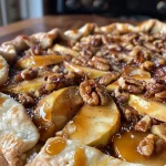 ['Side view of a Walnut Salted Caramel Apple Galette with a golden-brown crust and caramel drizzle.', 'Juicy apple slices and walnuts peeking through the flaky crust of a salted caramel galette.', 'Close-up of a rustic galette filled with apples and topped with caramel and walnuts.', 'Glazed surface of an apple galette, showcasing caramel sauce and walnut pieces.']