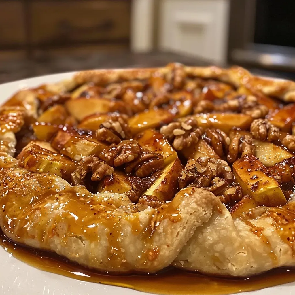 Side view of a Walnut Salted Caramel Apple Galette with a golden-brown crust and caramel drizzle.