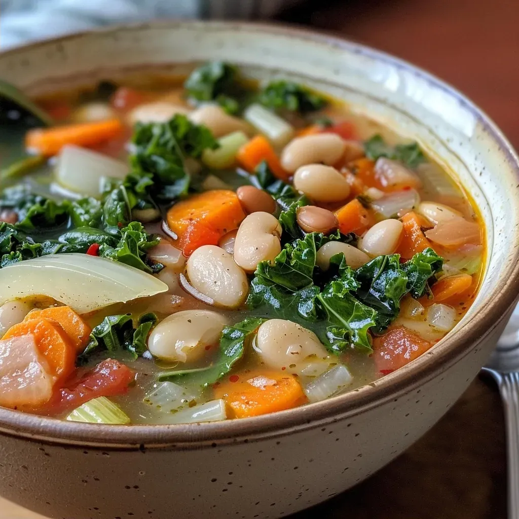 Close-up view of a bowl of white bean and kale soup with creamy cashew topping.