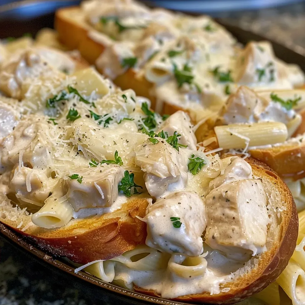 Chicken Alfredo Garlic Bread Bowls