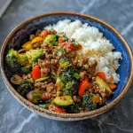 Spicy Ground Beef Stir-Fry Bowl with Garlic Veggies & Steamy Rice