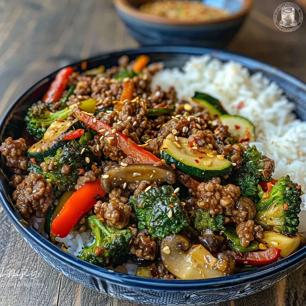 Spicy Ground Beef Stir-Fry Bowl with Garlic Veggies & Steamy Rice