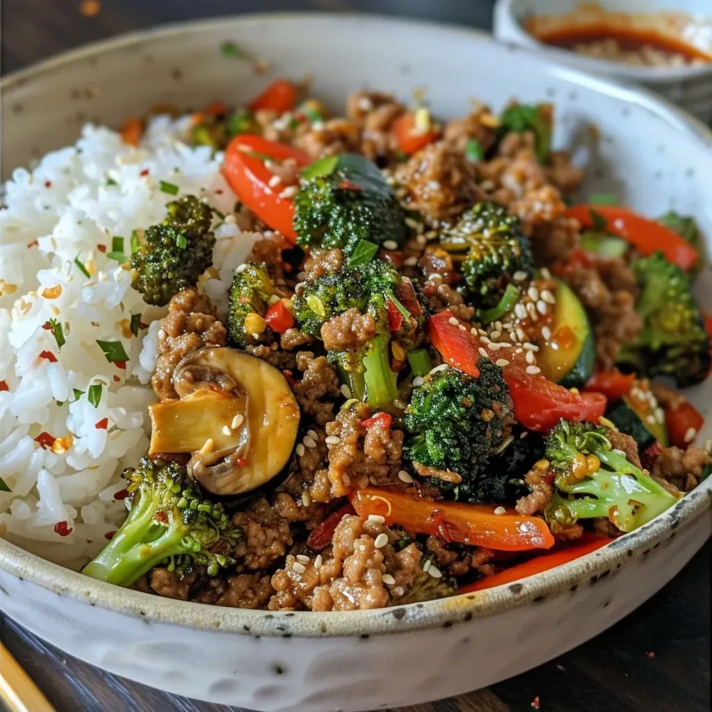 Spicy Ground Beef Stir-Fry Bowl with Garlic Veggies & Steamy Rice