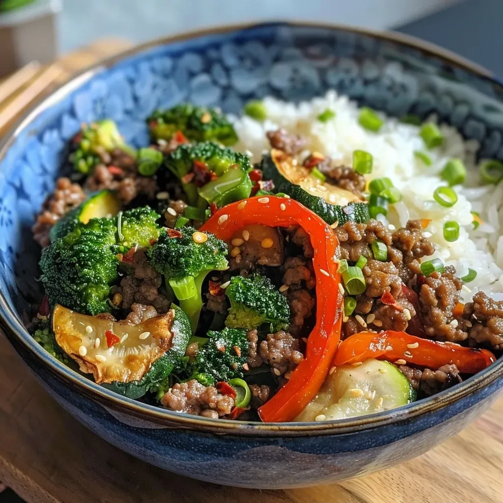 Spicy Ground Beef Stir-Fry Bowl with Garlic Veggies & Steamy Rice
