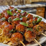 Meatball and Pasta Skewers with Basil and Glaze